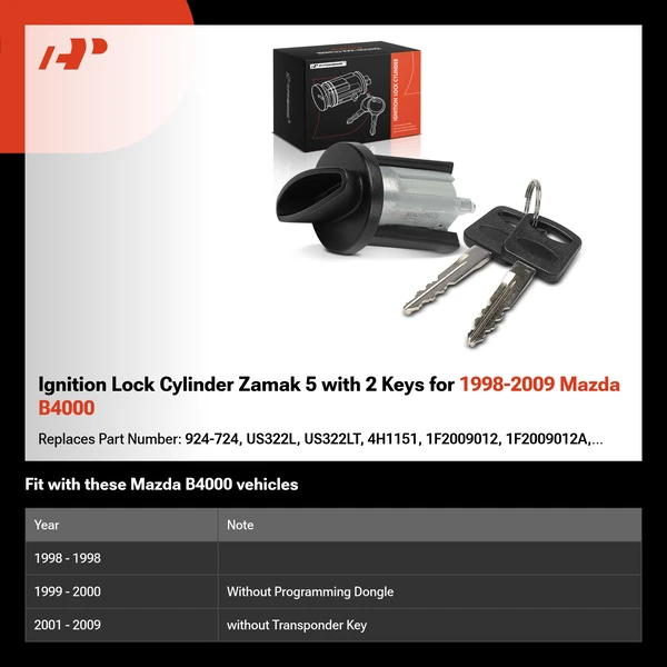 Ignition Lock Cylinder Zamak 5 with 2 Keys for 1998-2009 Mazda B4000