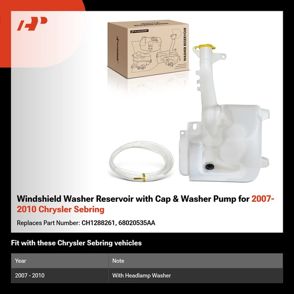 Windshield Washer Reservoir with Cap & Washer Pump for 2007-2010 Chrysler Sebring
