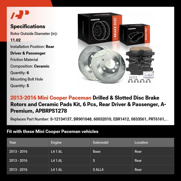 2013-2016 Mini Cooper Paceman Drilled & Slotted Disc Brake Rotors and Ceramic Pads Kit, 6 Pcs, Rear Driver & Passenger, A-Premium, APBRPS1278