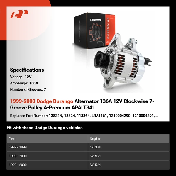 1999-2000 Dodge Durango Alternator 136A 12V Clockwise 7-Groove Pulley A-Premium APALT341