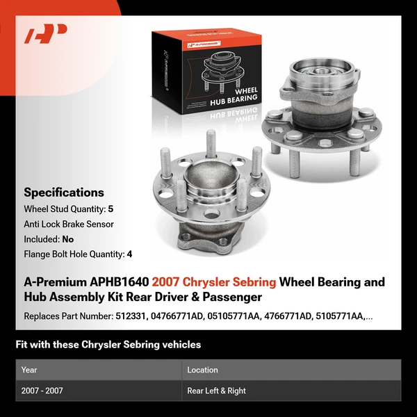 A-Premium APHB1640 2007 Chrysler Sebring Wheel Bearing and Hub Assembly Kit Rear Driver & Passenger