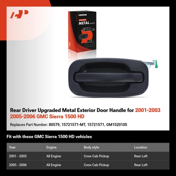 Rear Driver Upgraded Metal Exterior Door Handle for 2001-2003 2005-2006 GMC Sierra 1500 HD