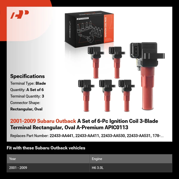 2001-2009 Subaru Outback A Set of 6-Pc Ignition Coil 3-Blade Terminal Rectangular, Oval A-Premium APIC0113