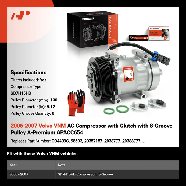 2006-2007 Volvo VNM AC Compressor with Clutch with 8-Groove Pulley A-Premium APACC654
