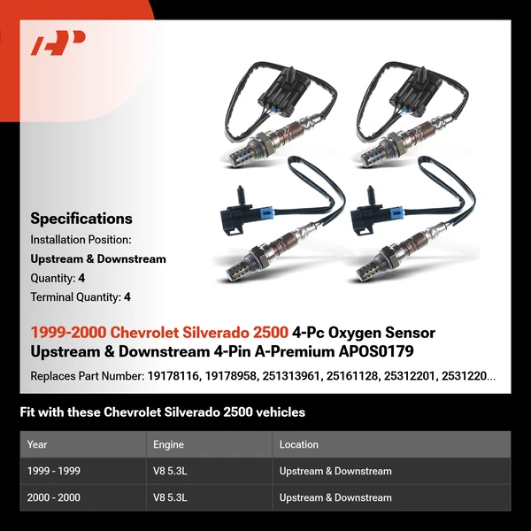 1999-2000 Chevrolet Silverado 2500 4-Pc Oxygen Sensor Upstream & Downstream 4-Pin A-Premium APOS0179