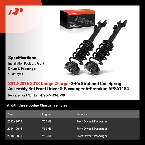 2012-2016 2018 Dodge Charger 2-Pc Strut and Coil Spring Assembly Set Front Driver & Passenger A-Premium APSA1184