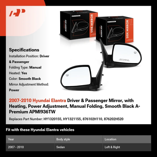 2007-2010 Hyundai Elantra Driver & Passenger Mirror, with Heating, Power Adjustment, Manual Folding, Smooth Black A-Premium APMI936TW