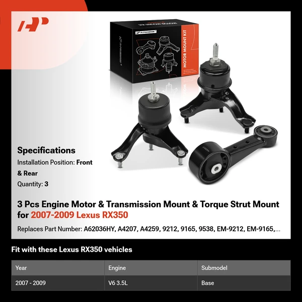 3 Pcs Engine Motor & Transmission Mount & Torque Strut Mount for 2007-2009 Lexus RX350
