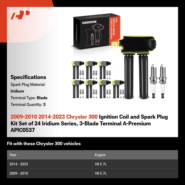 2009-2010 2014-2023 Chrysler 300 Ignition Coil and Spark Plug Kit Set of 24 Iridium Series, 3-Blade Terminal A-Premium APIC0537