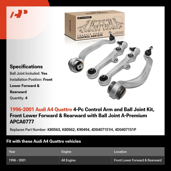 1996-2001 Audi A4 Quattro 4-Pc Control Arm and Ball Joint Kit, Front Lower Forward & Rearward with Ball Joint A-Premium APCA0777