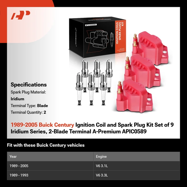 1989-2005 Buick Century Ignition Coil and Spark Plug Kit Set of 9 Iridium Series, 2-Blade Terminal A-Premium APIC0589