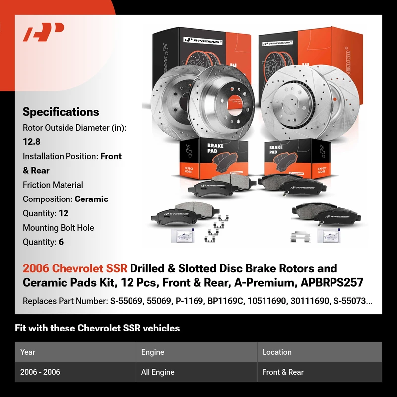 2006 Chevrolet SSR Drilled & Slotted Disc Brake Rotors and Ceramic Pads Kit, 12 Pcs, Front & Rear, A-Premium, APBRPS257