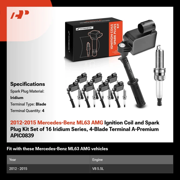 2012-2015 Mercedes-Benz ML63 AMG Ignition Coil and Spark Plug Kit Set of 16 Iridium Series, 4-Blade Terminal A-Premium APIC0839