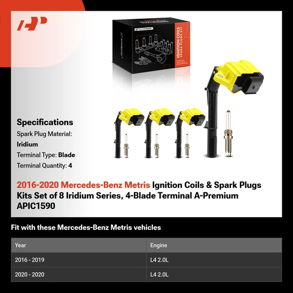 2016-2020 Mercedes-Benz Metris Ignition Coils & Spark Plugs Kits Set of 8 Iridium Series, 4-Blade Terminal A-Premium APIC1590