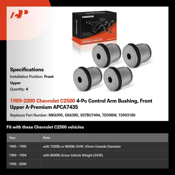 1989-2000 Chevrolet C2500 4-Pc Control Arm Bushing, Front Upper A-Premium APCA7435