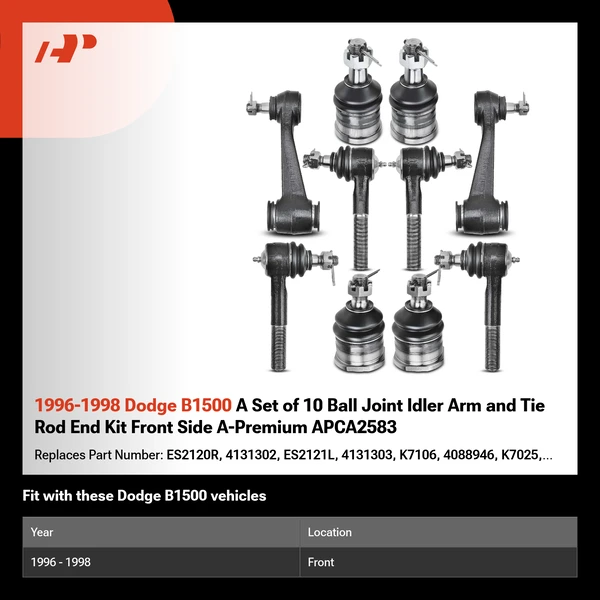 1996-1998 Dodge B1500 A Set of 10 Ball Joint Idler Arm and Tie Rod End Kit Front Side A-Premium APCA2583