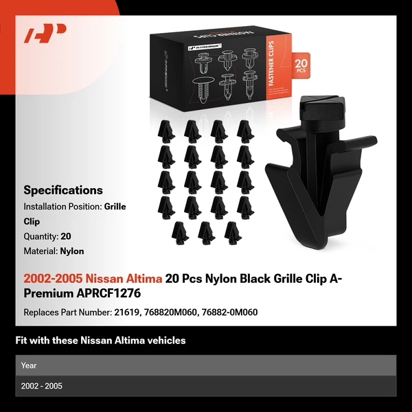 2002-2005 Nissan Altima 20 Pcs Nylon Black Grille Clip A-Premium APRCF1276