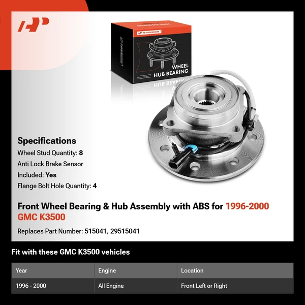 Front Wheel Bearing & Hub Assembly with ABS for 1996-2000 GMC K3500