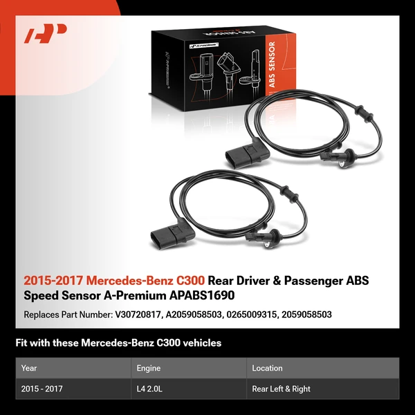 2015-2017 Mercedes-Benz C300 Rear Driver & Passenger ABS Speed Sensor A-Premium APABS1690