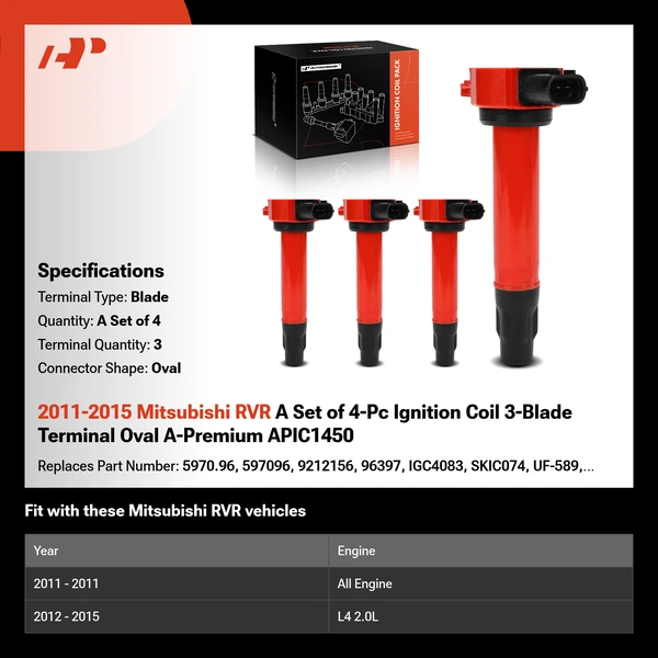 2011-2015 Mitsubishi RVR A Set of 4-Pc Ignition Coil 3-Blade Terminal Oval A-Premium APIC1450