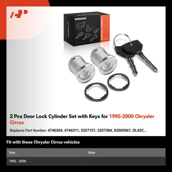 2 Pcs Door Lock Cylinder Set with Keys for 1995-2000 Chrysler Cirrus