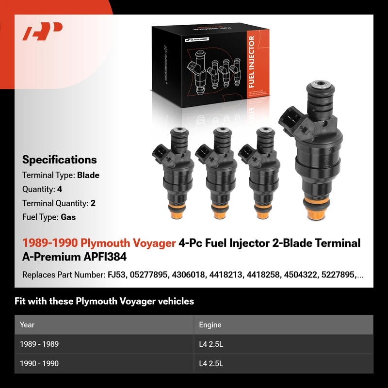 1989-1990 Plymouth Voyager 4-Pc Fuel Injector 2-Blade Terminal A-Premium APFI384