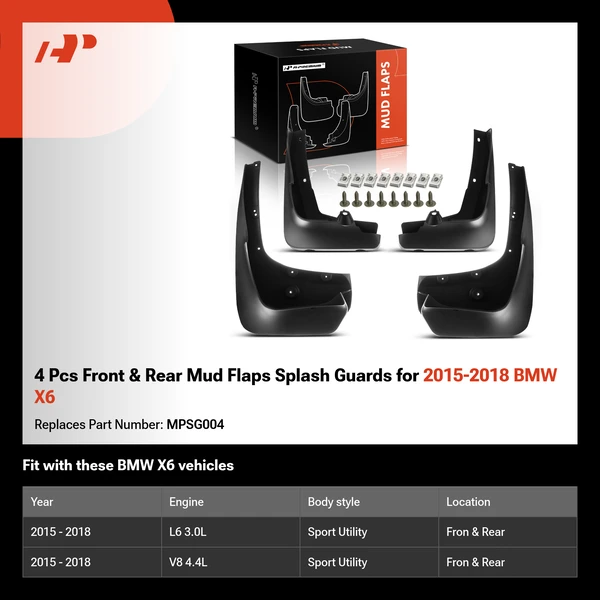 4 Pcs Front & Rear Mud Flaps Splash Guards for 2015-2018 BMW X6