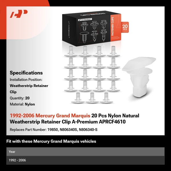 1992-2006 Mercury Grand Marquis 20 Pcs Nylon Natural Weatherstrip Retainer Clip A-Premium APRCF4610