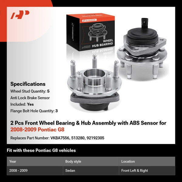 2 Pcs Front Wheel Bearing & Hub Assembly with ABS Sensor for 2008-2009 Pontiac G8