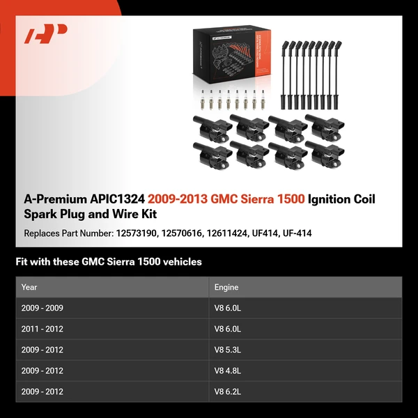 A-Premium APIC1324 2009-2013 GMC Sierra 1500 Ignition Coil Spark Plug and Wire Kit