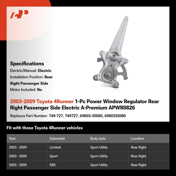 2003-2009 Toyota 4Runner 1-Pc Power Window Regulator Rear Right Passenger Side Electric A-Premium APWR0826
