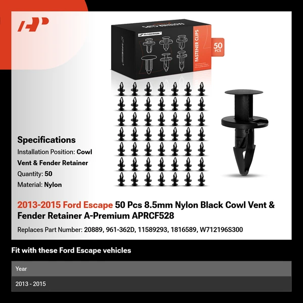 2013-2015 Ford Escape 50 Pcs 8.5mm Nylon Black Cowl Vent & Fender Retainer A-Premium APRCF528