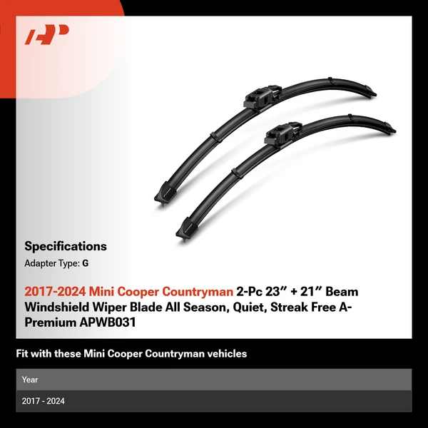 2017-2024 Mini Cooper Countryman 2-Pc 23″ + 21″ Beam Windshield Wiper Blade All Season, Quiet, Streak Free A-Premium APWB031