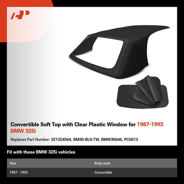 Convertible Soft Top with Clear Plastic Window for 1987-1993 BMW 325i