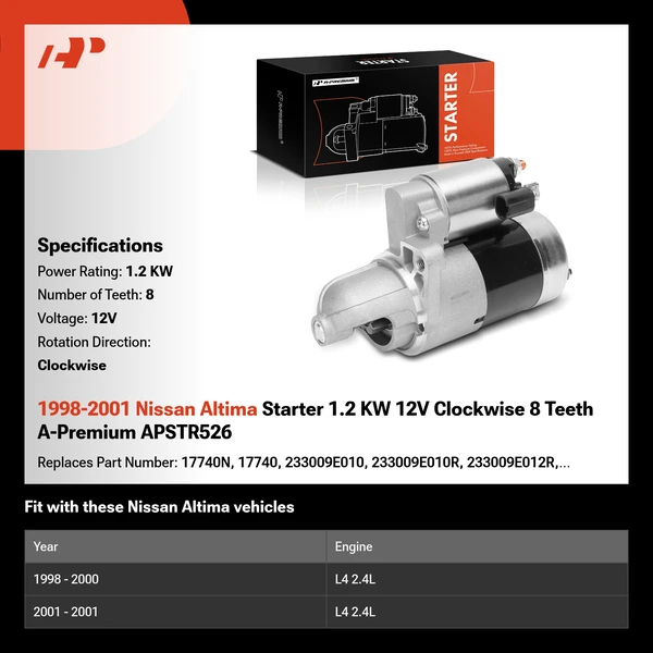 1998-2001 Nissan Altima Starter 1.2 KW 12V Clockwise 8 Teeth A-Premium APSTR526