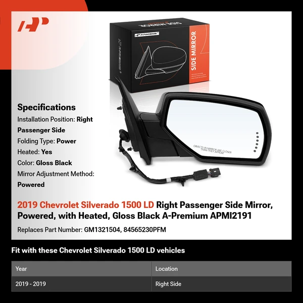 2019 Chevrolet Silverado 1500 LD Right Passenger Side Mirror, Powered, with Heated, Gloss Black A-Premium APMI2191