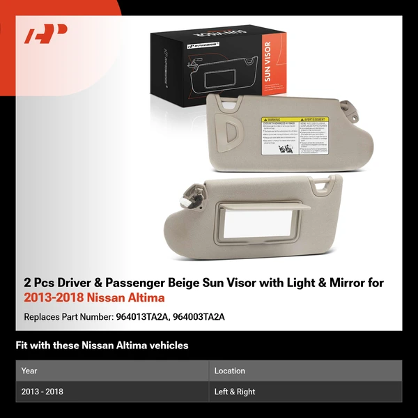 2 Pcs Driver & Passenger Beige Sun Visor with Light & Mirror for 2013-2018 Nissan Altima