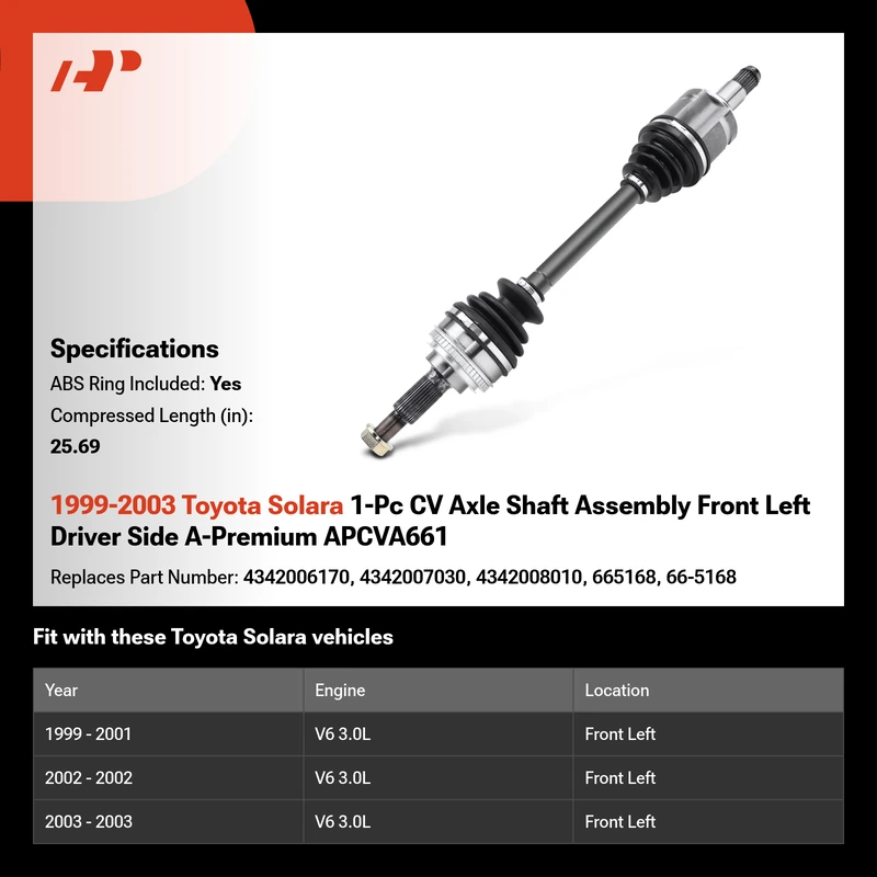 1999-2003 Toyota Solara 1-Pc CV Axle Shaft Assembly Front Left Driver Side A-Premium APCVA661