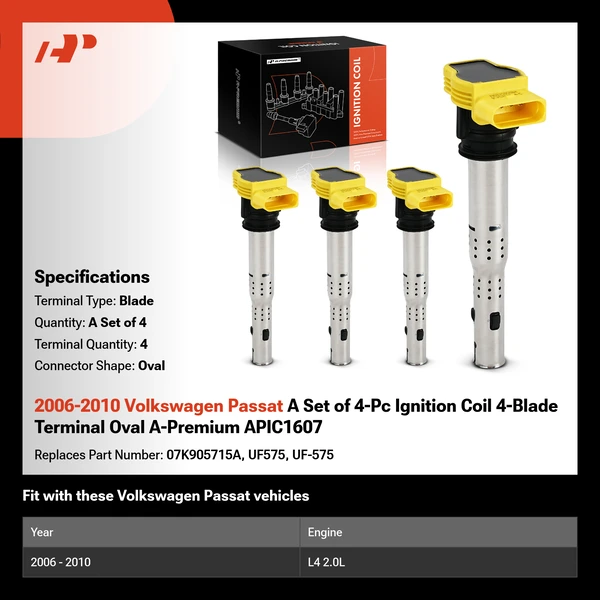 2006-2010 Volkswagen Passat A Set of 4-Pc Ignition Coil 4-Blade Terminal Oval A-Premium APIC1607