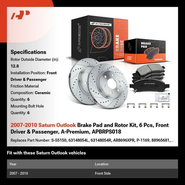 2007-2010 Saturn Outlook Brake Pad and Rotor Kit, 6 Pcs, Front Driver & Passenger, A-Premium, APBRPS018