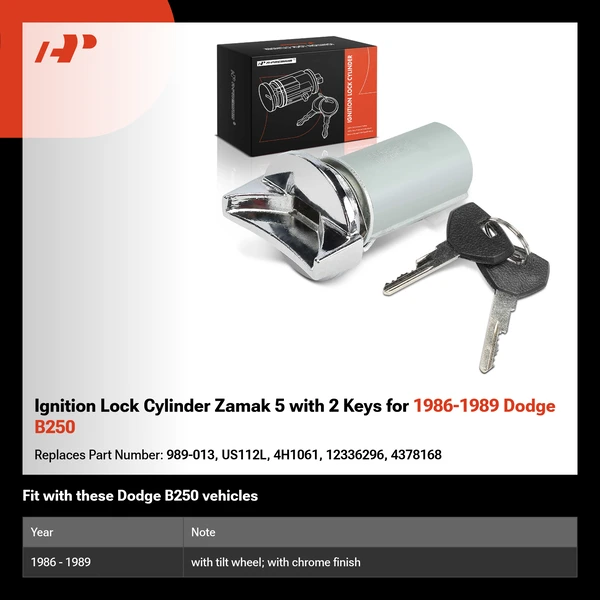 Ignition Lock Cylinder Zamak 5 with 2 Keys for 1986-1989 Dodge B250