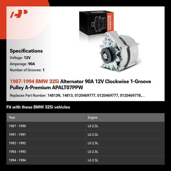 1987-1994 BMW 325i Alternator 90A 12V Clockwise 1-Groove Pulley A-Premium APALT07PPW