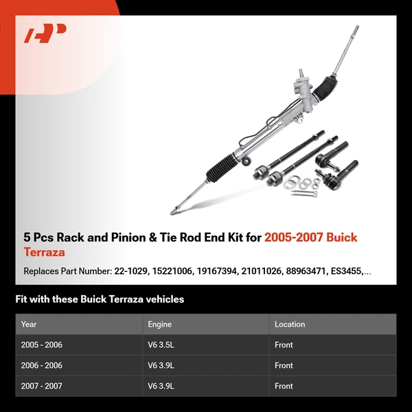 5 Pcs Rack and Pinion & Tie Rod End Kit for 2005-2007 Buick Terraza
