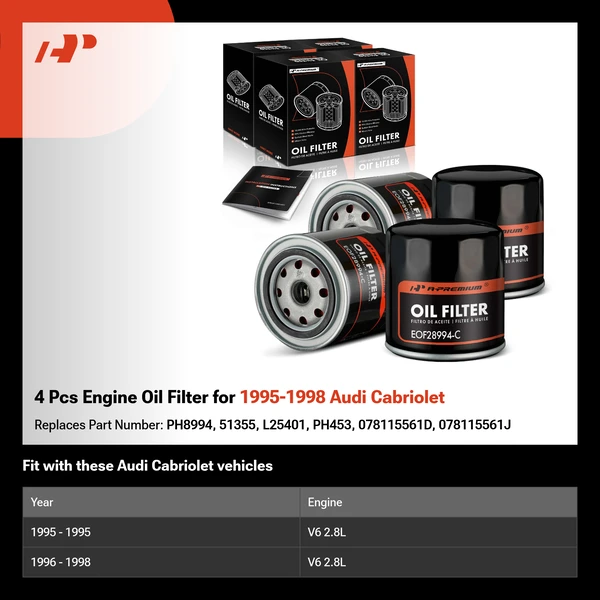 4 Pcs Engine Oil Filter for 1995-1998 Audi Cabriolet