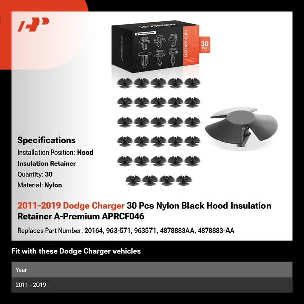 2011-2019 Dodge Charger 30 Pcs Nylon Black Hood Insulation Retainer A-Premium APRCF046