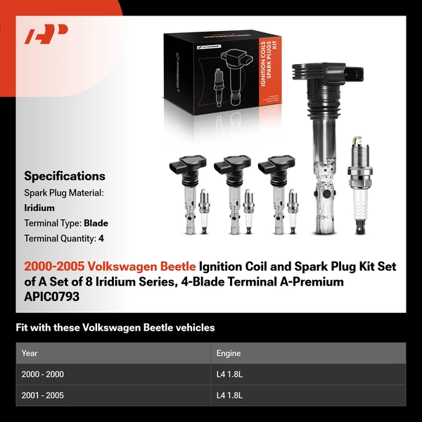2000-2005 Volkswagen Beetle Ignition Coil and Spark Plug Kit Set of A Set of 8 Iridium Series, 4-Blade Terminal A-Premium APIC0793