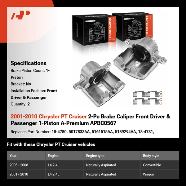 2001-2010 Chrysler PT Cruiser 2-Pc Brake Caliper Front Driver & Passenger 1-Piston A-Premium APBC0567