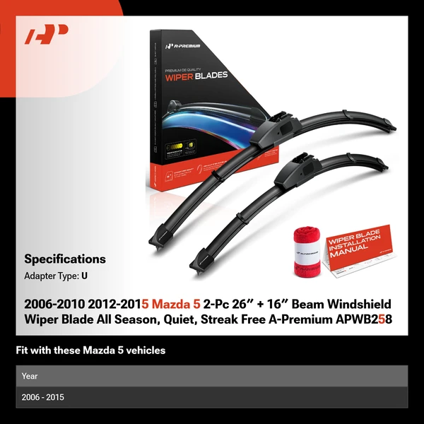 2006-2010 2012-2015 Mazda 5 2-Pc 26″ + 16″ Beam Windshield Wiper Blade All Season, Quiet, Streak Free A-Premium APWB258