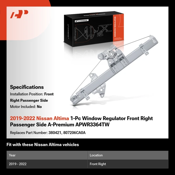 2019-2022 Nissan Altima 1-Pc Window Regulator Front Right Passenger Side A-Premium APWR3364TW