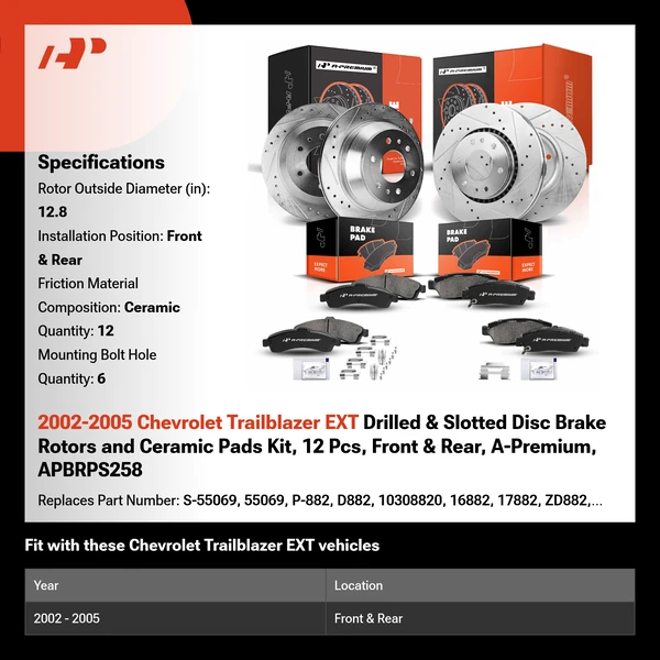 2002-2005 Chevrolet Trailblazer EXT Drilled & Slotted Disc Brake Rotors and Ceramic Pads Kit, 12 Pcs, Front & Rear, A-Premium, APBRPS258